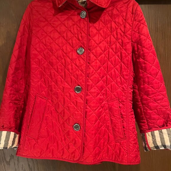 Women's Burberry Brit Red Quilted Jacket Tartan Coat Sport Overcoat Size M - Picture 1 of 11